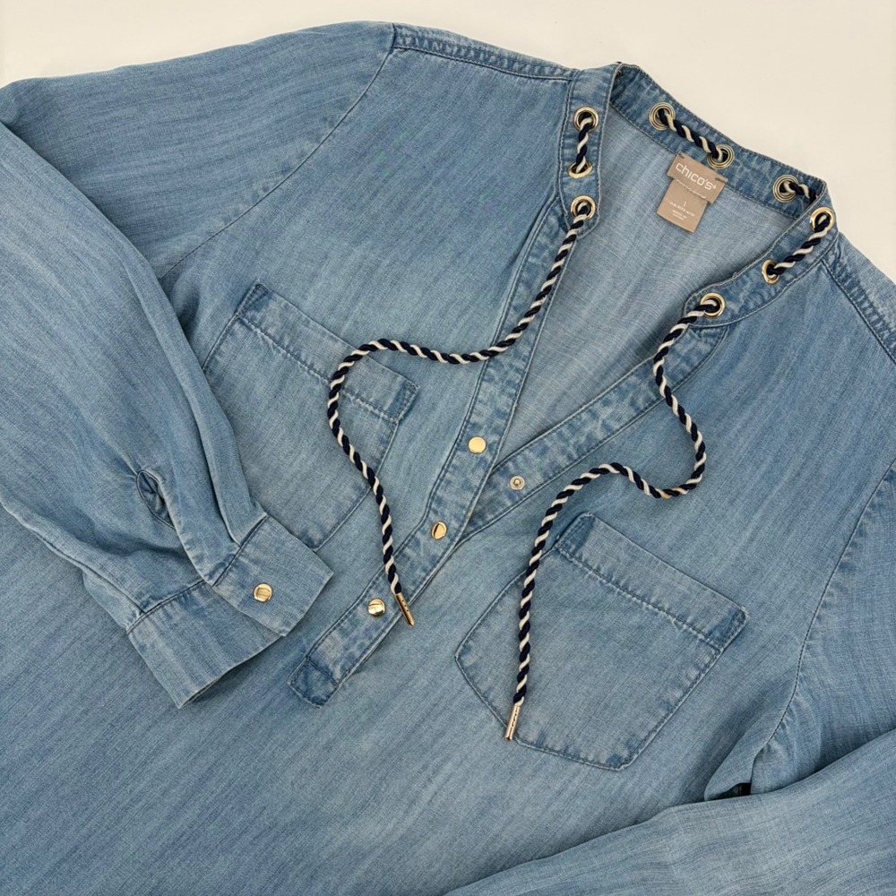 Chico's Tunic Top Women 1 Medium Blue Tencel Denim Rope Detail Nautical Coastal